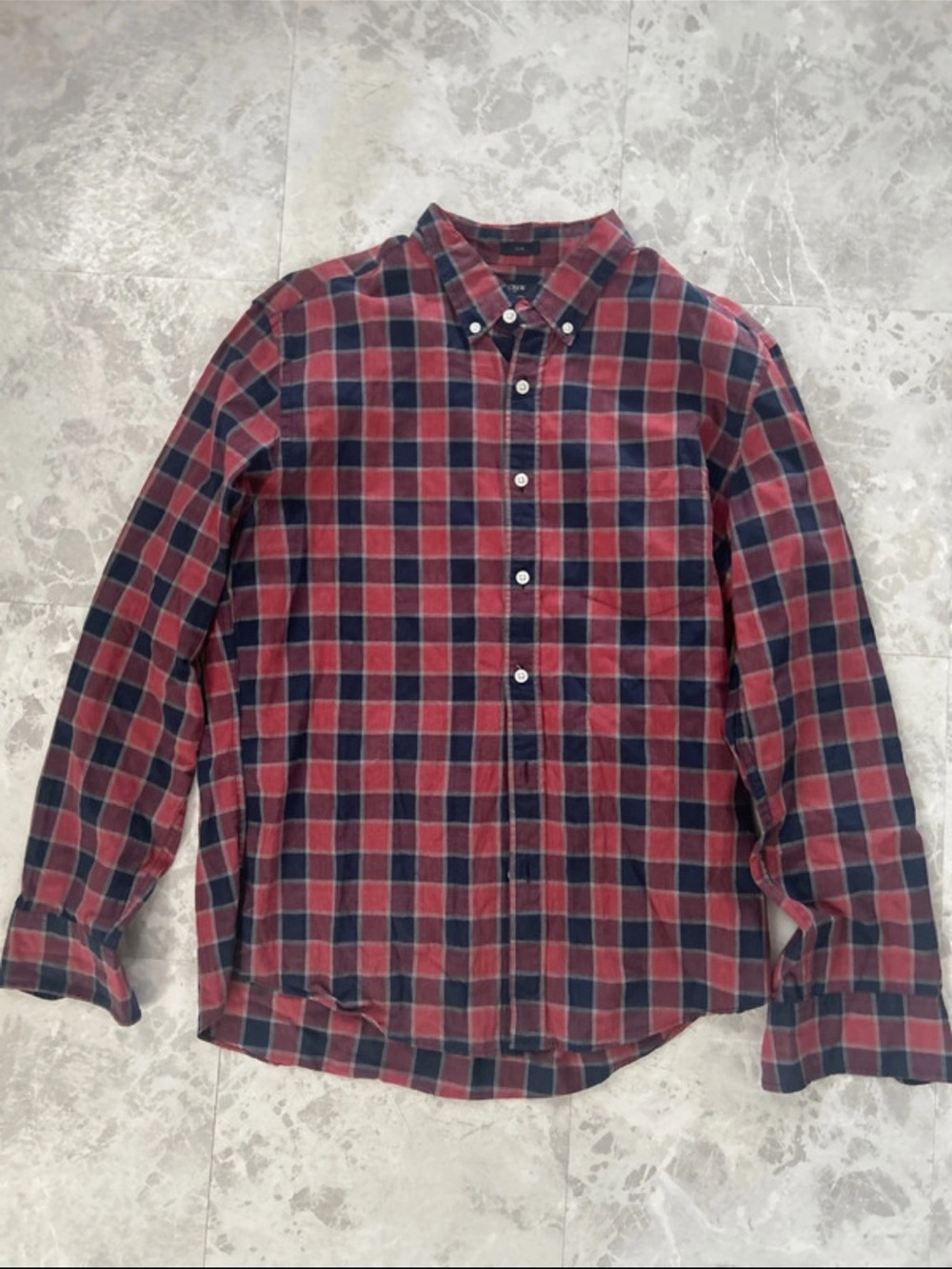J. Crew Men's Red and Navy Plaid Button-Down Shirt